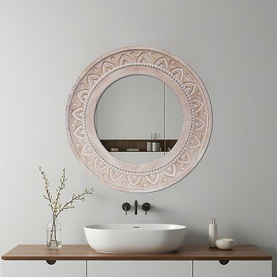 Parisloft 27.5 Inch Farmhouse Wood Circle Telescope Mirror with Carved Patterns