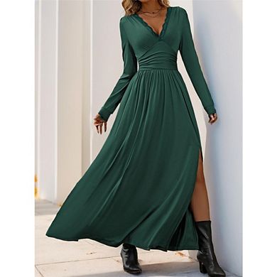 Women Long Sleeve Slit Deep V Neck Elegant Formal Wedding Guest Cocktail Prom Maxi Long Dress
