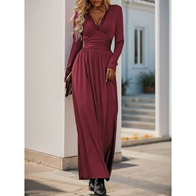 Women Long Sleeve Slit Deep V Neck Elegant Formal Wedding Guest Cocktail Prom Maxi Long Dress