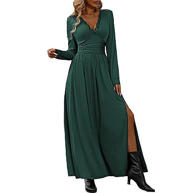 Women Long Sleeve Slit Deep V Neck Elegant Formal Wedding Guest Cocktail Prom Maxi Long Dress