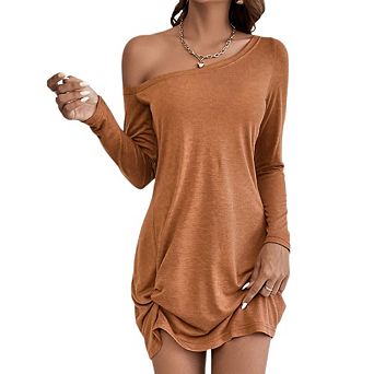 Women Off The Shoulder Dresses Long Sleeve Solid Mini Dress Ruched Cocktail Party Dress