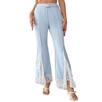 Women High Waisted Lace Bootcut Pants Causal Patchwork Flare Denin Jeans with Belt
