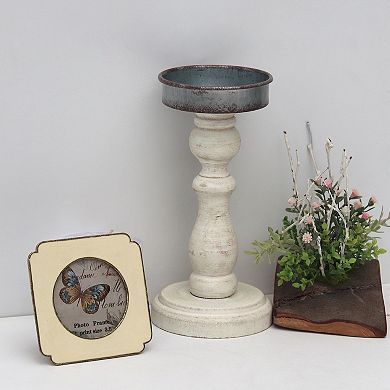 Parisloft Whitewashed Wood and Metal Pillar Candle Holder, Farmhouse Style, 8-7/8"H