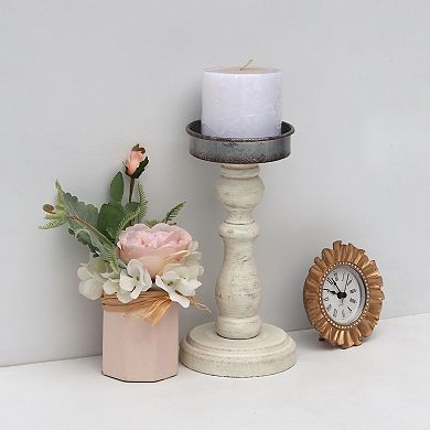 Parisloft Whitewashed Wood and Metal Pillar Candle Holder, Farmhouse Style, 8-7/8"H