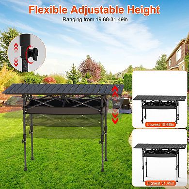 Adjustable Folding Camping Table Portable Roll-Up Steel Table with Hanging Net for Outdoor Use
