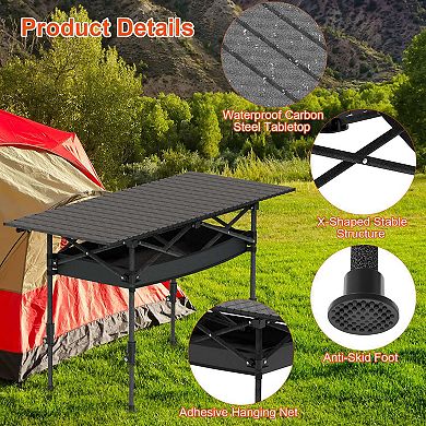 Adjustable Folding Camping Table Portable Roll-Up Steel Table with Hanging Net for Outdoor Use