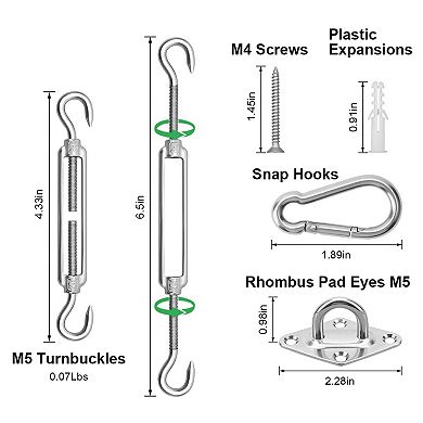 Sun Shade Sail Hardware Kit, Stainless Steel Fixing Accessories for Rectangular & Square Canopies