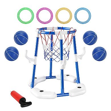Summer Pool Basketball Hoop Set Floating Water Game with Balls, Circles & Pump for Kids 3-12