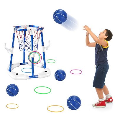 Summer Pool Basketball Hoop Set Floating Water Game with Balls, Circles & Pump for Kids 3-12