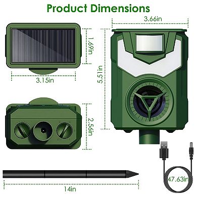 Solar Ultrasonic Animal Repeller with Flame Light Motion Sensor, USB Charge, Waterproof IP55