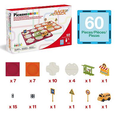 PicassoTiles 60pc Rotating Reversible Race Track Building Block Set with School Bus
