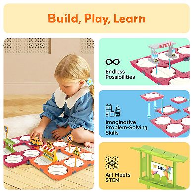 PicassoTiles 60pc Rotating Reversible Race Track Building Block Set with School Bus