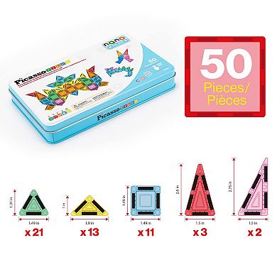 PicassoTiles 50PC Nano Magnetic Tile Travel Toy Construction Building Blocks Playset