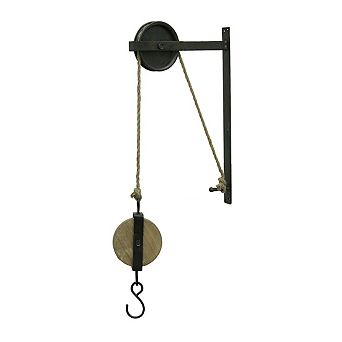 Rustic Vintage Style Metal and Wood Pulley and Hook Wall Hanging