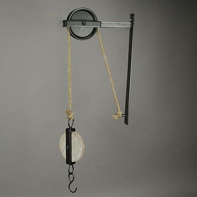 Rustic Vintage Style Metal and Wood Pulley and Hook Wall Hanging