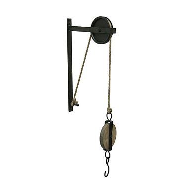 Rustic Vintage Style Metal and Wood Pulley and Hook Wall Hanging