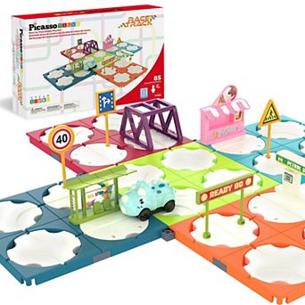 PicassoTiles 85 pc Rotating Reversible Race Car Track Builder Set with Dino Vehicle