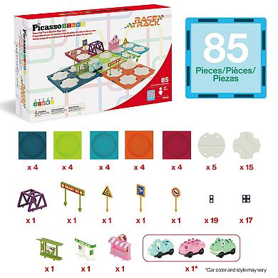 PicassoTiles 85pc Rotating Reversible Race Car Track Builder Set with Dino Vehicle
