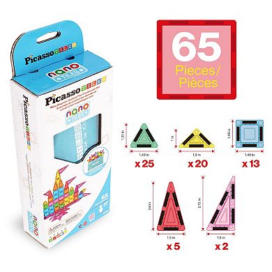 PicassoTiles 65pc Nano Magnetic Tile Travel Size Mini Portable Toy Building Blocks Playset