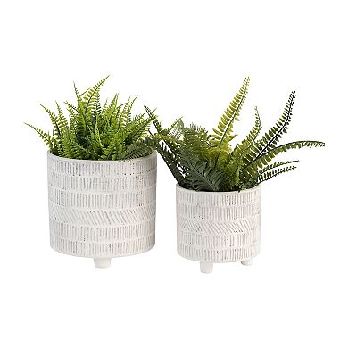 2-piece Set Of Ceramic Planters - 6" & 8" - Geometric Design Ivory - Lined Footed Plant Stand Set