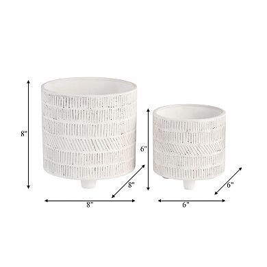 2-piece Set Of Ceramic Planters - 6" & 8" - Geometric Design Ivory - Lined Footed Plant Stand Set