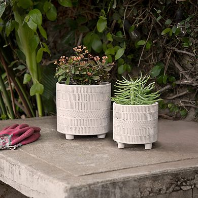 2-piece Set Of Ceramic Planters - 6" & 8" - Geometric Design Ivory - Lined Footed Plant Stand Set