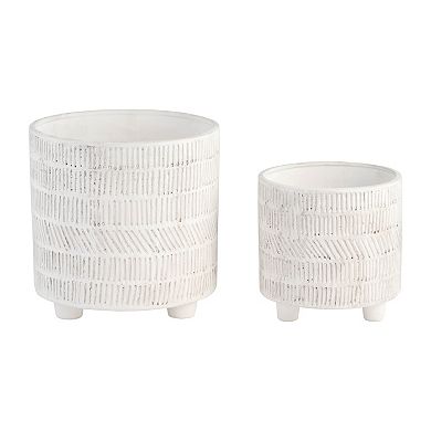 2-piece Set Of Ceramic Planters - 6" & 8" - Geometric Design Ivory - Lined Footed Plant Stand Set
