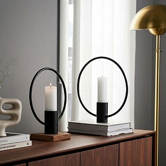 Metal Pillar Candle Holders Ring Design (Set of 2) - 19", 13" Black