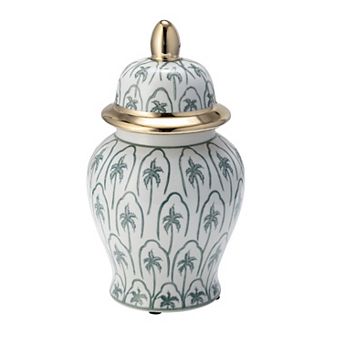 10" Temple Jar With Lid - Ceramic White, Green And Gold Palm Tree Decorative Stoneware