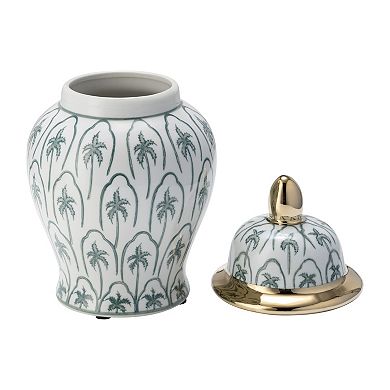 10" Temple Jar With Lid - Ceramic White, Green And Gold Palm Tree Decorative Stoneware