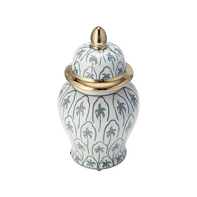 10" Temple Jar With Lid - Ceramic White, Green And Gold Palm Tree Decorative Stoneware