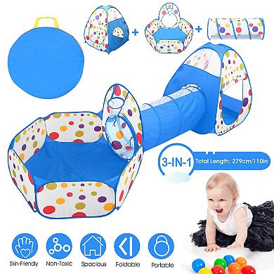 3-in-1 Kids Play Tent with Crawl Tunnel & Ball Pit Foldable Pop-Up Tent Set with Storage Bag