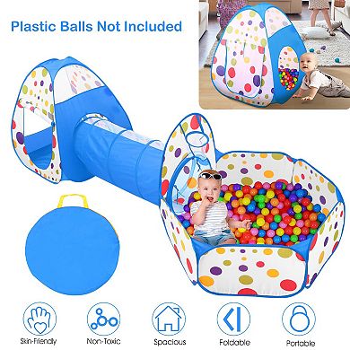 3-in-1 Kids Play Tent with Crawl Tunnel & Ball Pit Foldable Pop-Up Tent Set with Storage Bag