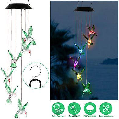 Solar Hummingbird Wind Chime Lights, 6 LED Color-Changing Waterproof Outdoor Decor