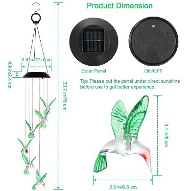 Solar Hummingbird Wind Chime Lights, 6 LED Color-Changing Waterproof Outdoor Decor