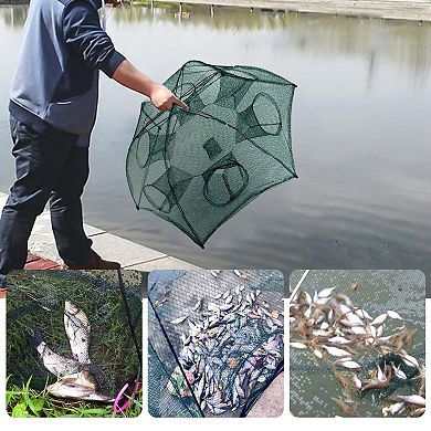 Portable Foldable Fishing Trap Net 6-Sided, 6-Hole Bait Net for Shrimp, Crab, Minnow & Crayfish