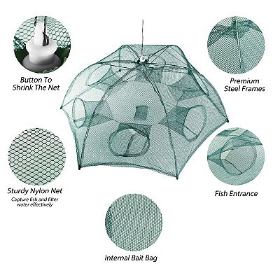 Portable Foldable Fishing Trap Net 6-Sided, 6-Hole Bait Net for Shrimp, Crab, Minnow & Crayfish