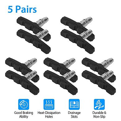 5 Pairs V Bike Brake Pads Set 70mm Non-Slip V-Brake Blocks w/ Hex Nuts & Spacers