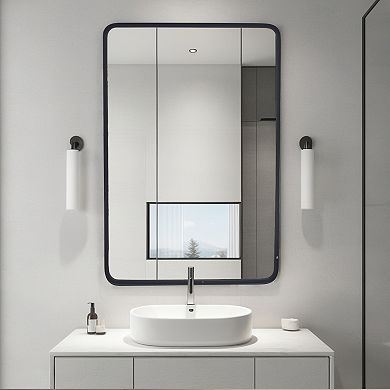 Parisloft 24x36 Inch Black Rectangular Metal Wall Telescope Mirror with Contemporary Vanity Mirror