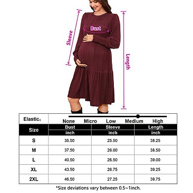 Maternity Round Neck Smocked Lantern Sleeves Ribbed Knit Dress for Pregnancy