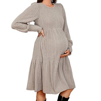 Maternity Round Neck Smocked Lantern Sleeves Ribbed Knit Dress for Pregnancy