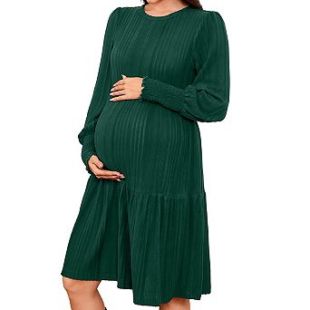 Maternity Round Neck Smocked Lantern Sleeves Ribbed Knit Dress for Pregnancy