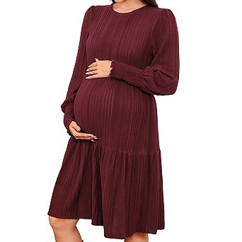 Maternity Round Neck Smocked Lantern Sleeves Ribbed Knit Dress for Pregnancy