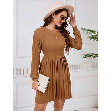 Womens Long Sleeve Mini Dress Fall Ribbed Knit Crew Neck Pleated Swing Casual Sweater Dresses