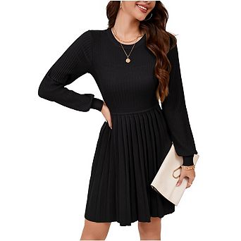 Womens Long Sleeve Mini Dress Fall Ribbed Knit Crew Neck Pleated Swing Casual Sweater Dresses