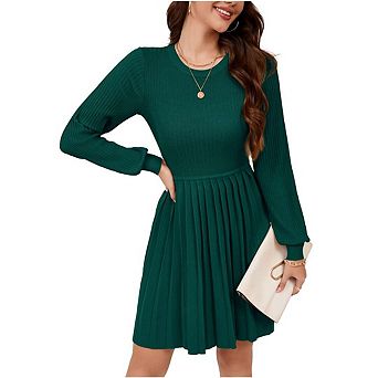 Womens Long Sleeve Mini Dress Fall Ribbed Knit Crew Neck Pleated Swing Casual Sweater Dresses