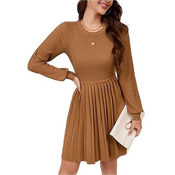 Womens Long Sleeve Mini Dress Fall Ribbed Knit Crew Neck Pleated Swing Casual Sweater Dresses