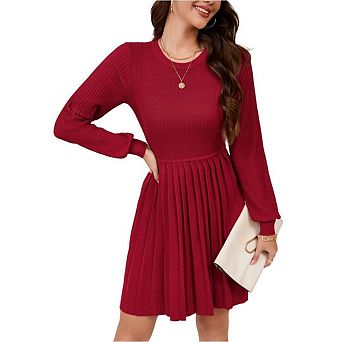Womens Long Sleeve Mini Dress Fall Ribbed Knit Crew Neck Pleated Swing Casual Sweater Dresses