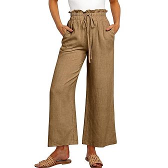 Women Linen Pants Casual Loose High Waist Boho Wide Leg Cropped Palazzo Beach Pants