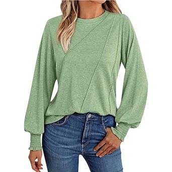 Womens Long Sleeve Pullover Crew Neck Solid Blouses Athletic Sports Elastic Casual Tops